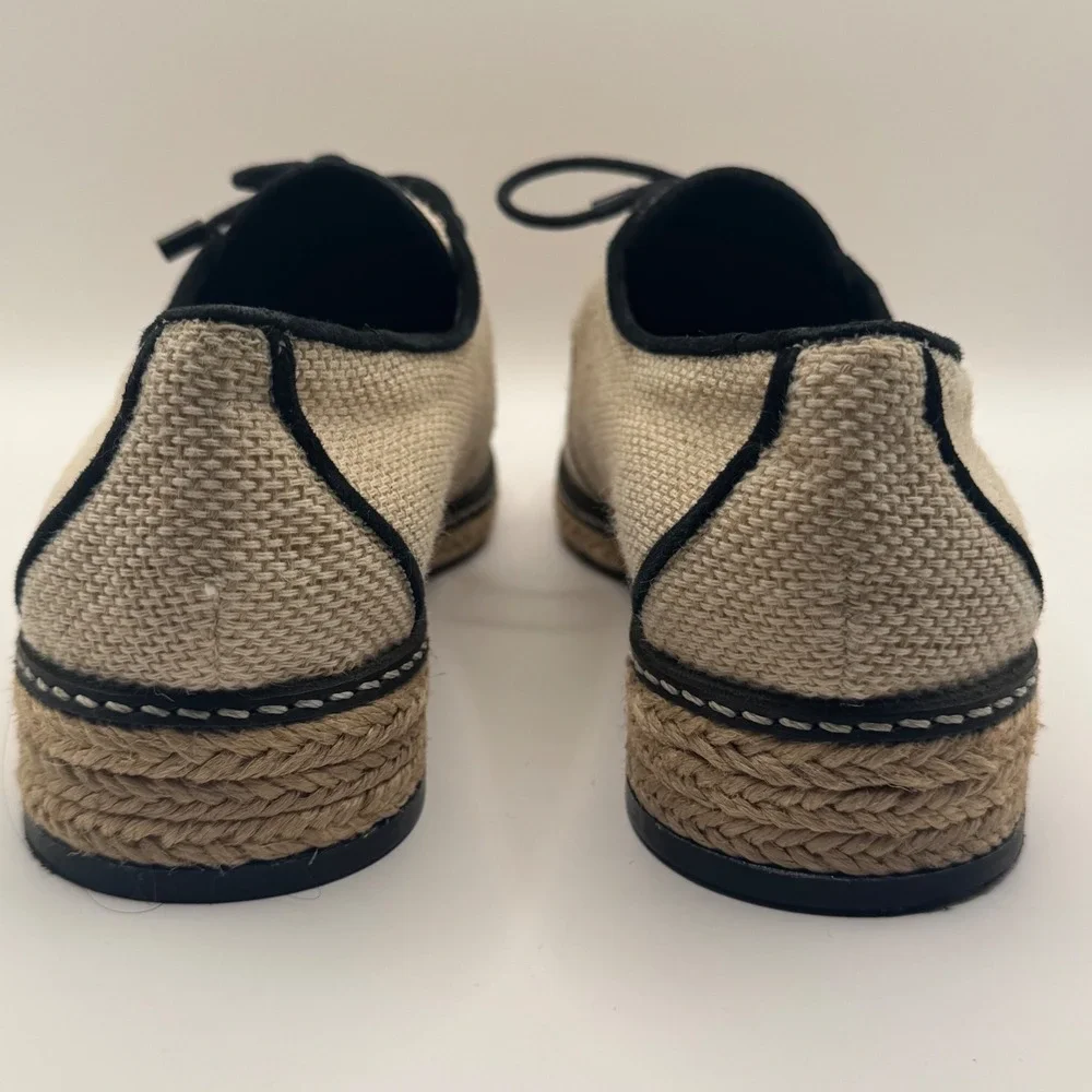 Tory Burch Beige Woven Espadrille Oxford Lace Up Flats Black Trim Women's 7.5M